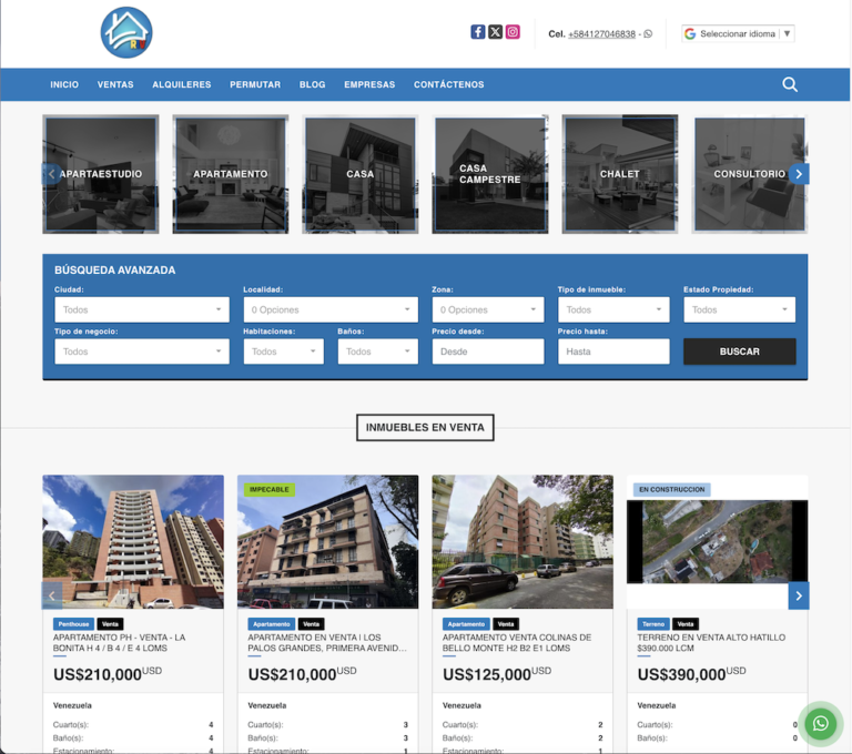 Pantalla muestra el portal inmobiliario de riv.com.ve