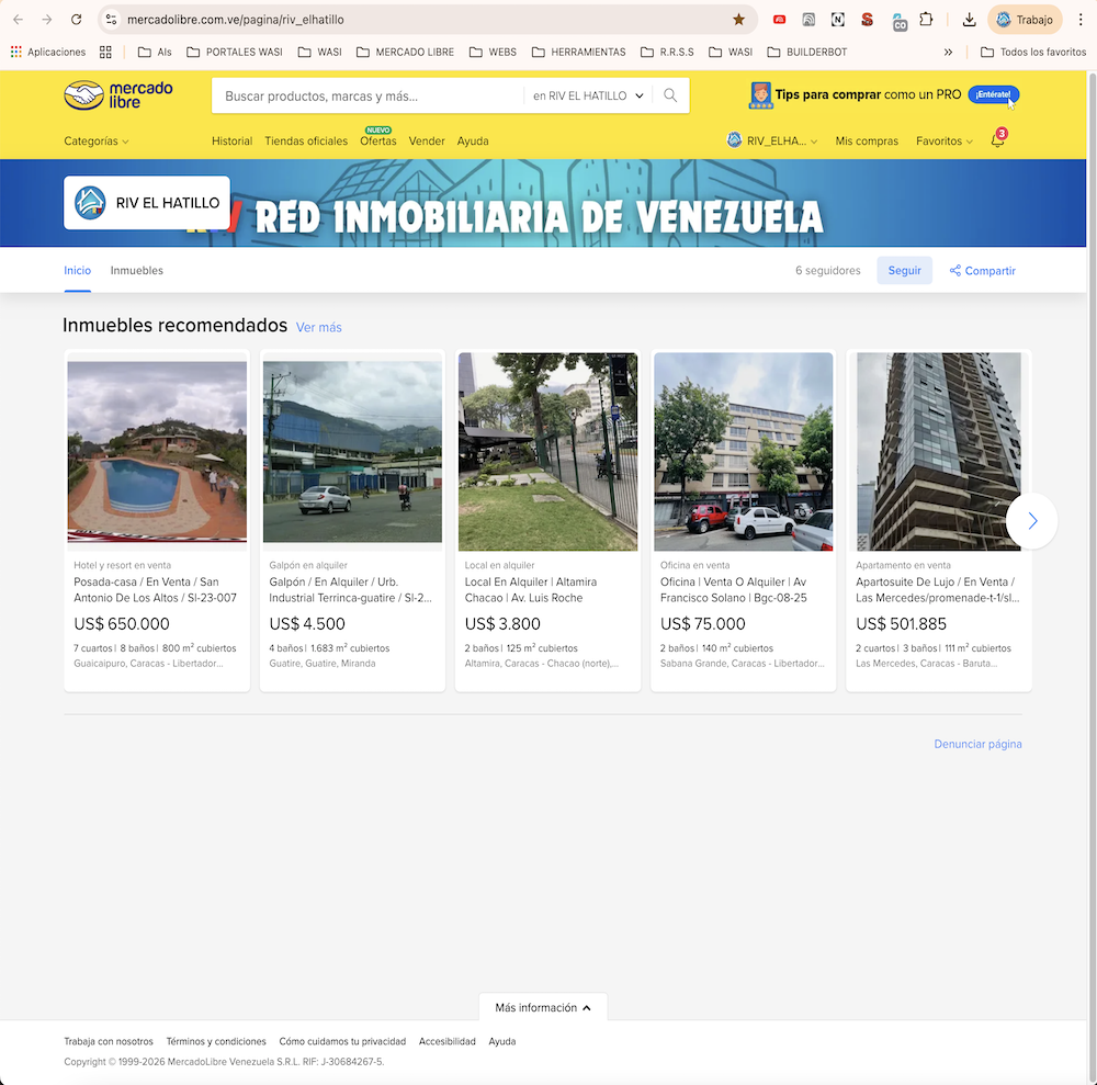 imagen delsitio web de RIV venezuela adentro del portal mercado libre
